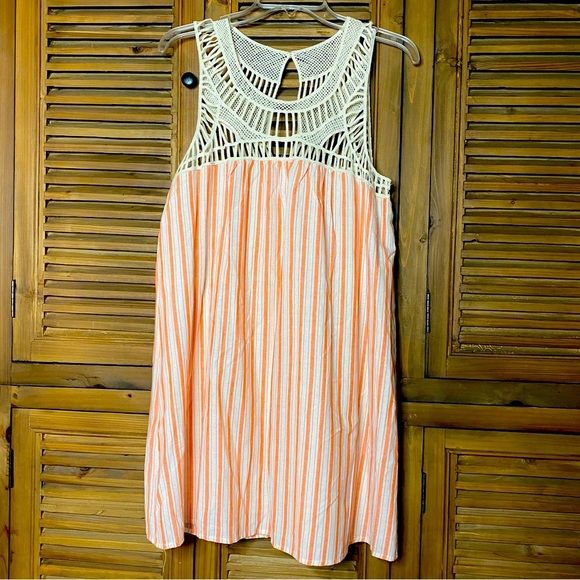 Boutique COTTON tangerine/cream stripe lace appliqué yolk flowy lined dress SZ M - Picture 1 of 8
